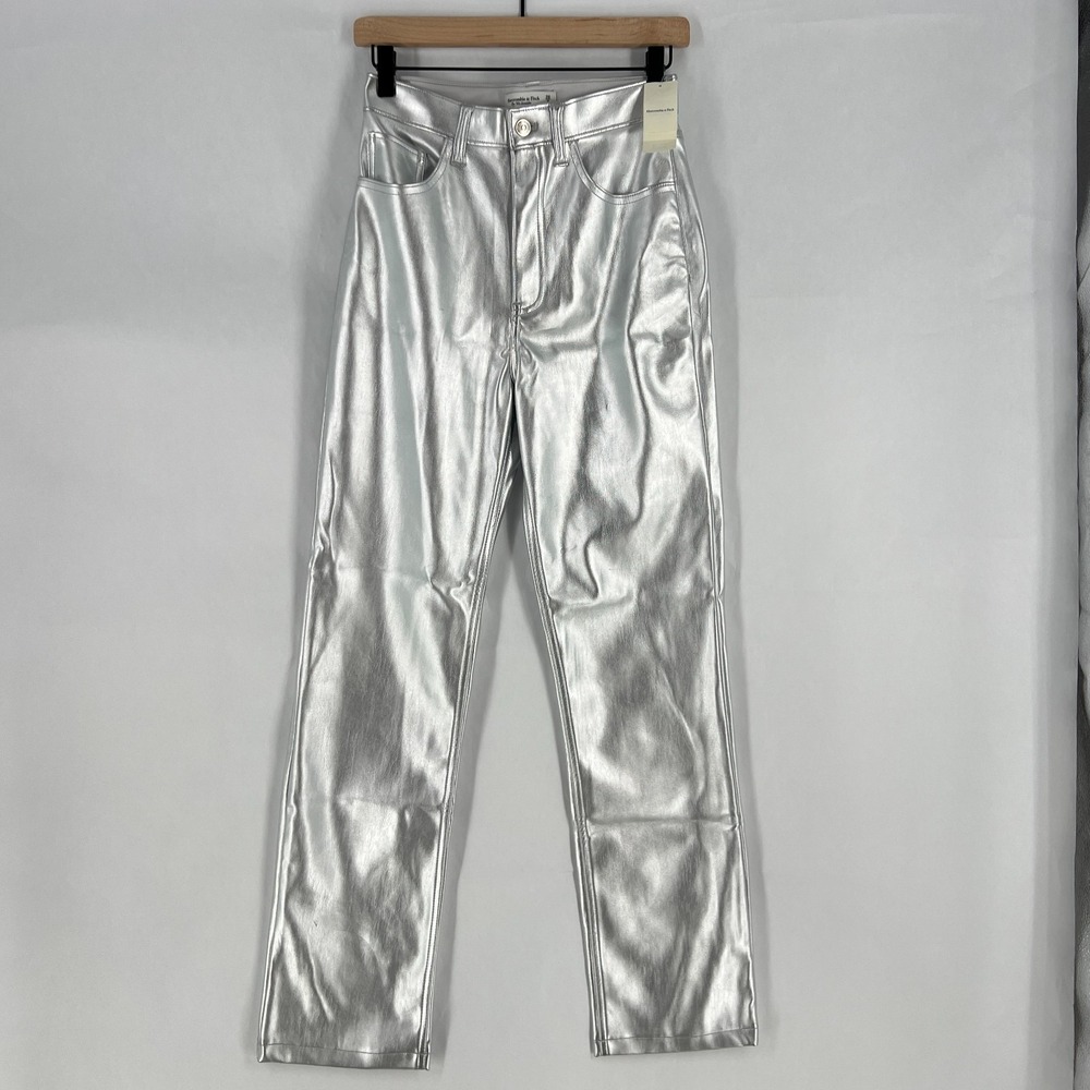 Abercrombie & Fitch 90s Straight Pants Womens 26 Silver Faux Leather High Rise‎